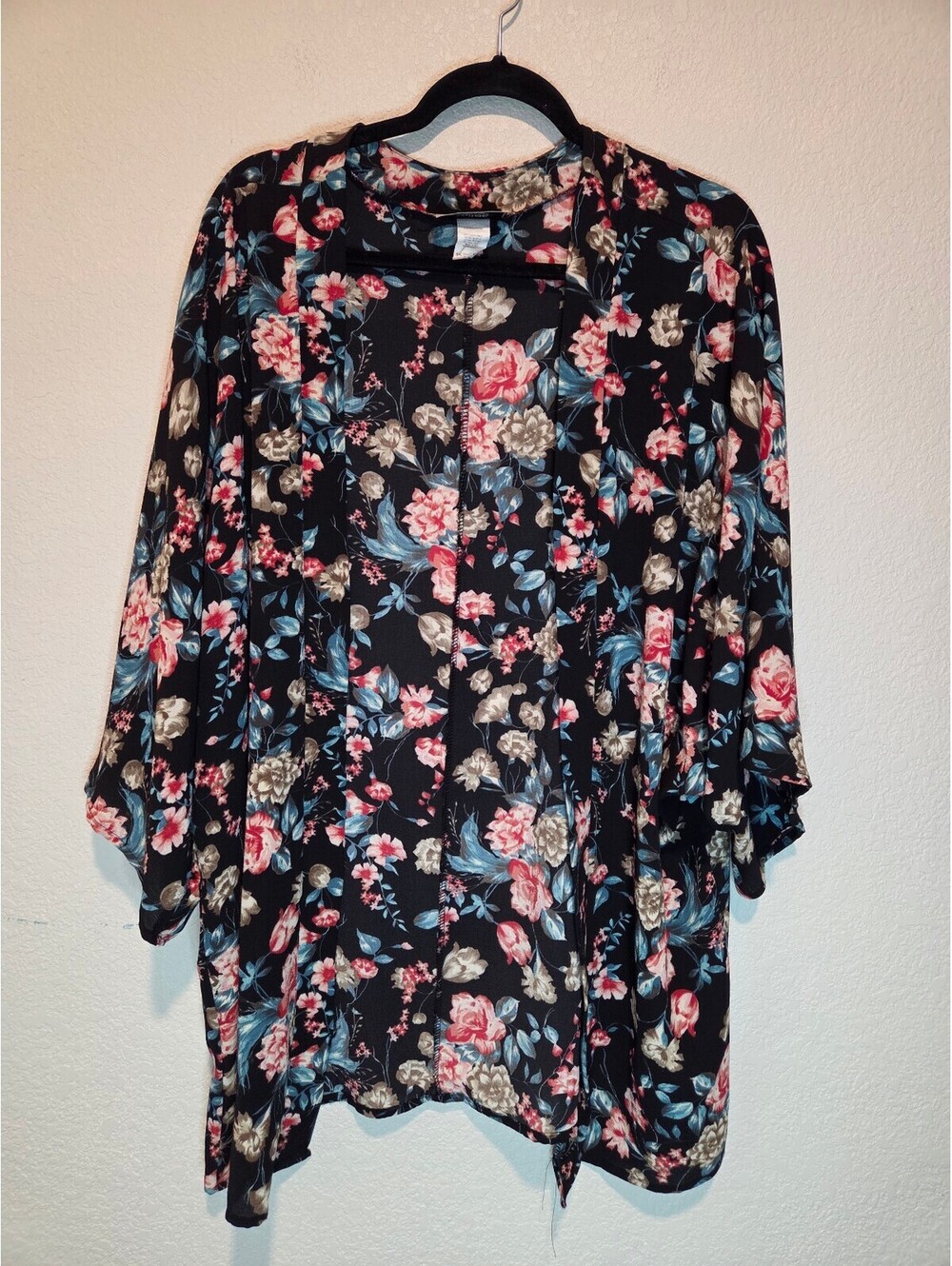 Selfee Floral Pattern Black Kimono Cardigan size L